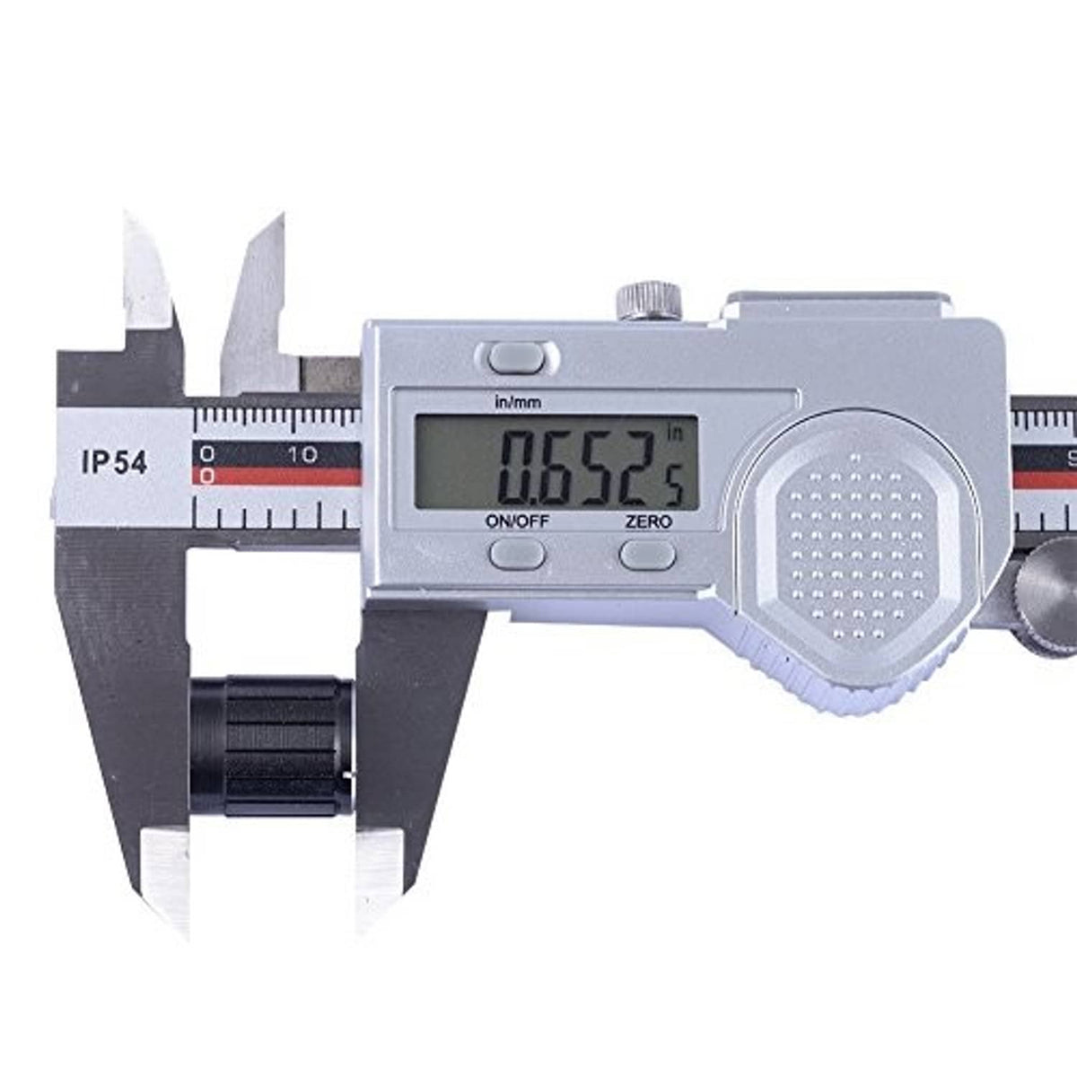 Caliper measuring black rotary encoder module size and knob dimensions.