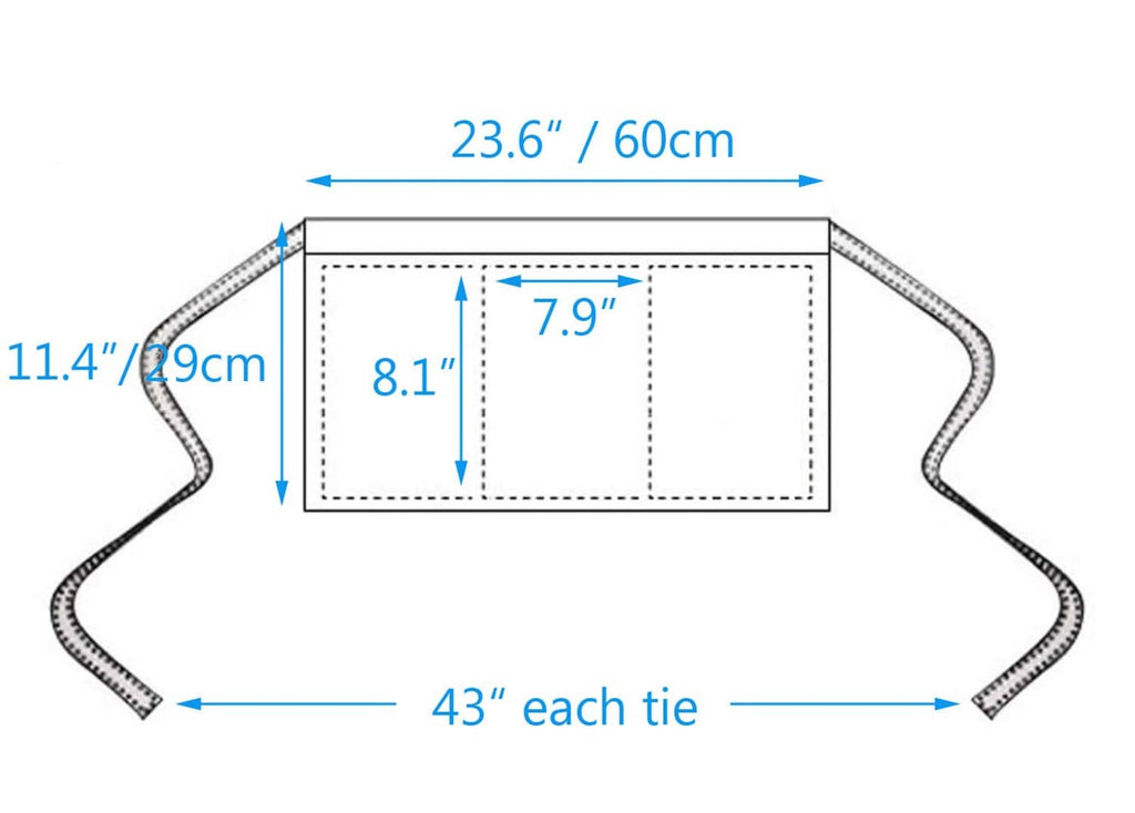 Waist apron size diagram: 23.6 in and 11.4 in, with 43 in tie length