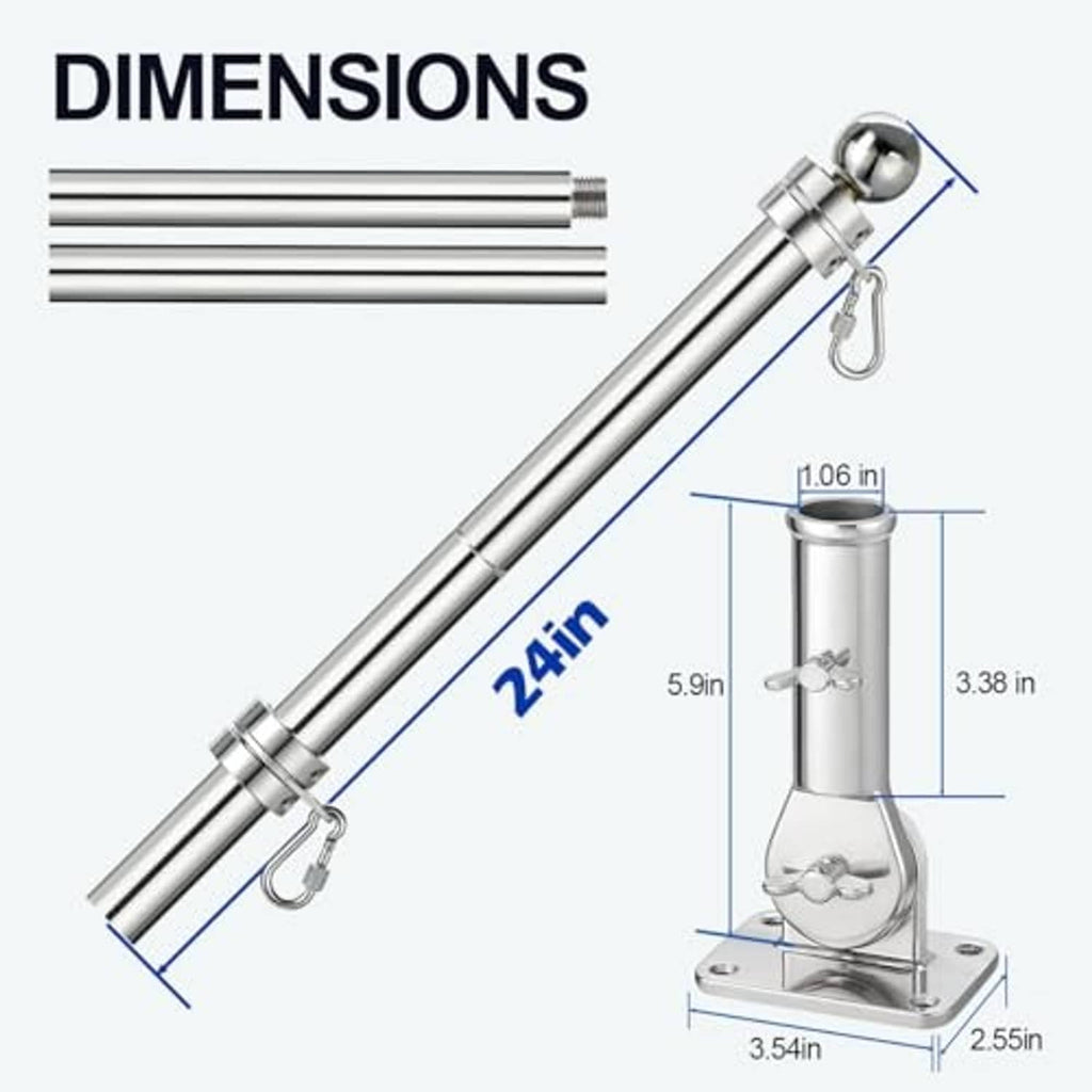 Stainless flagpole with ball finial and deck-mount bracket, shown with size view
