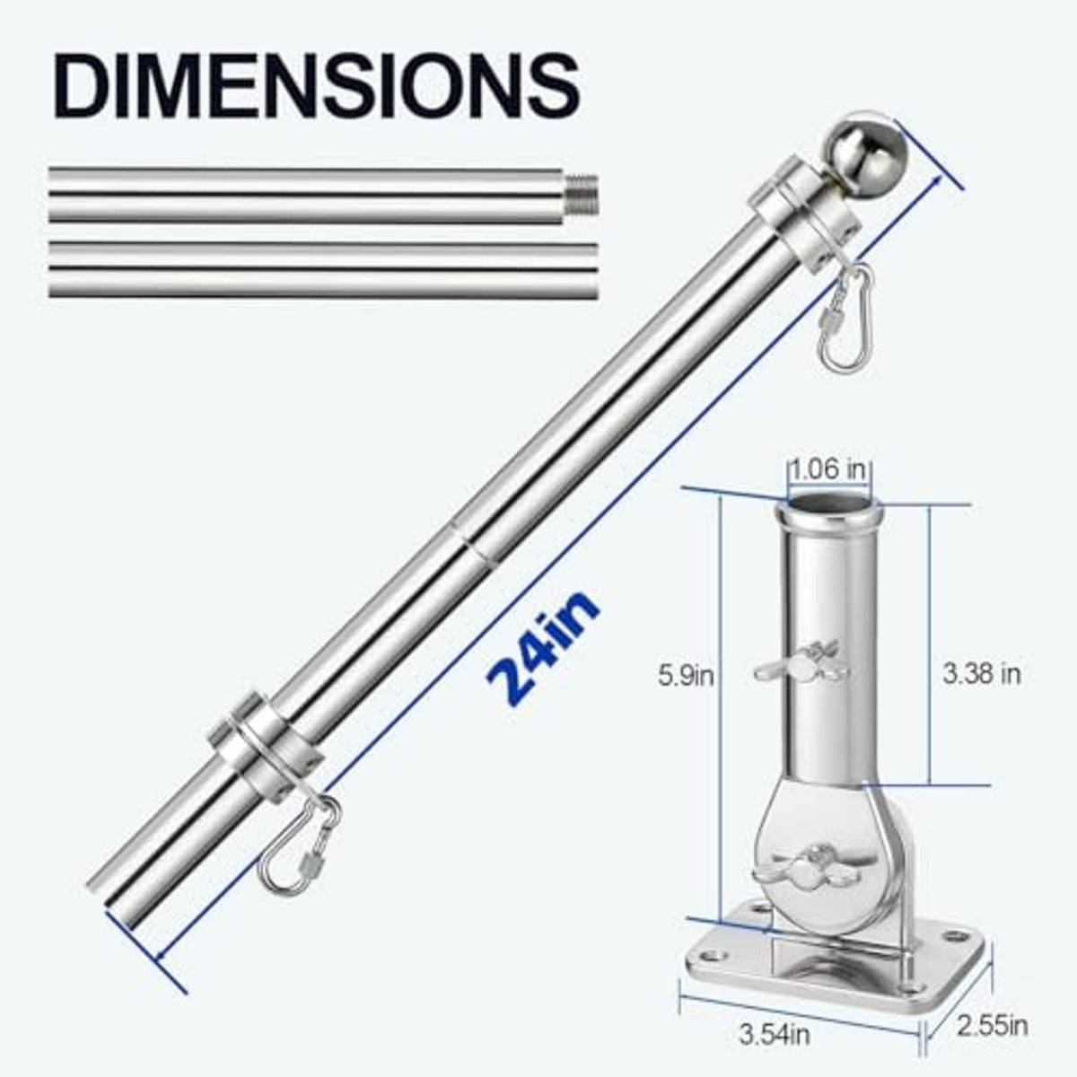 Stainless flagpole with ball finial and deck-mount bracket, shown with size view