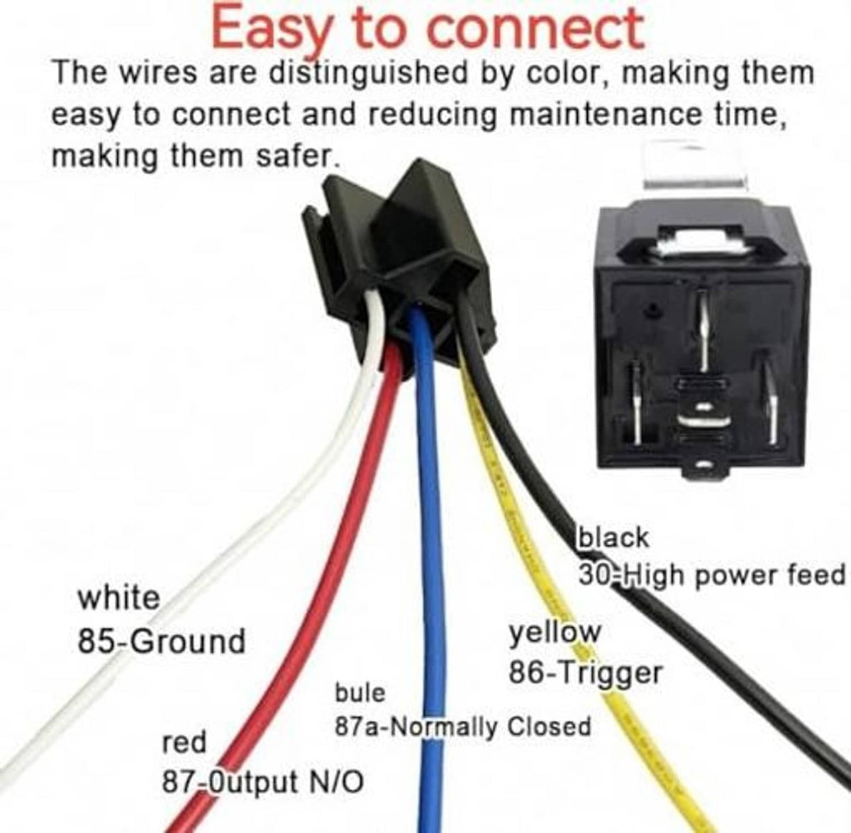 Relay wiring harness connector with multicolor wire leads and NO/NC labeling