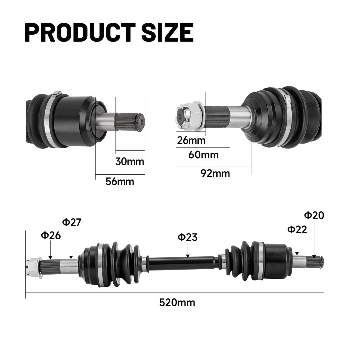 Front CV axle shaft assembly dimensions diagram with measured lengths and diameters