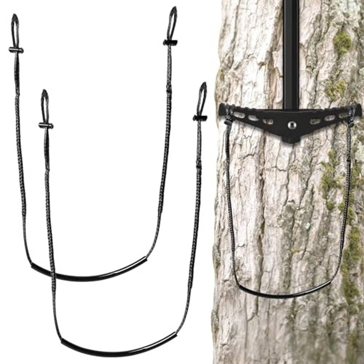 Black climbing stick aider straps set with curved loops for tree attachment