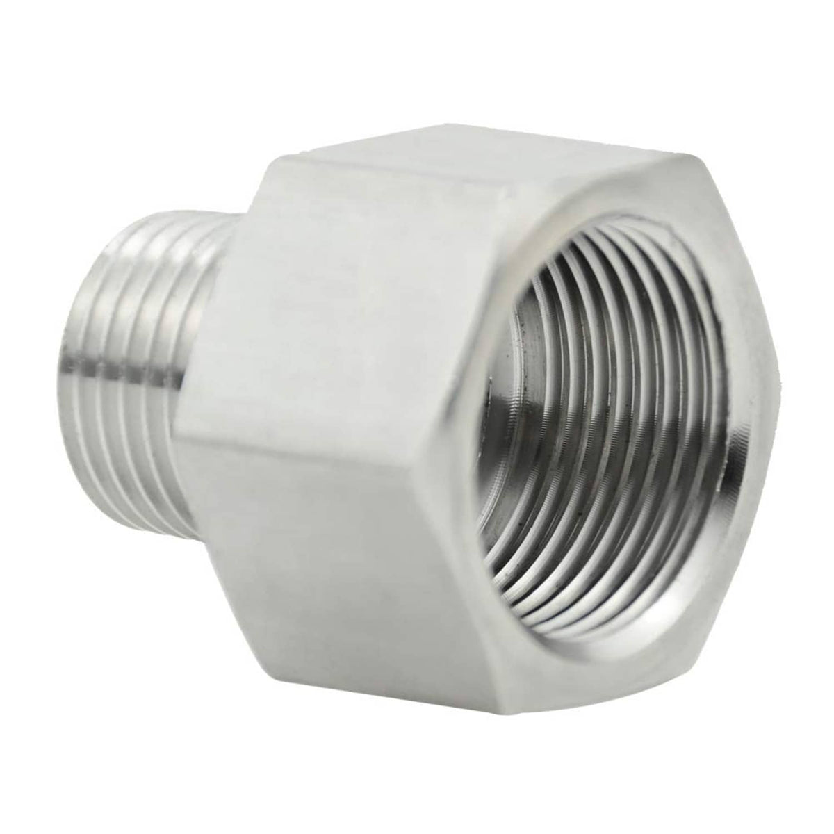 Stainless steel hex thread adapter, M20x1.5 female to 1/2" NPT male, silver