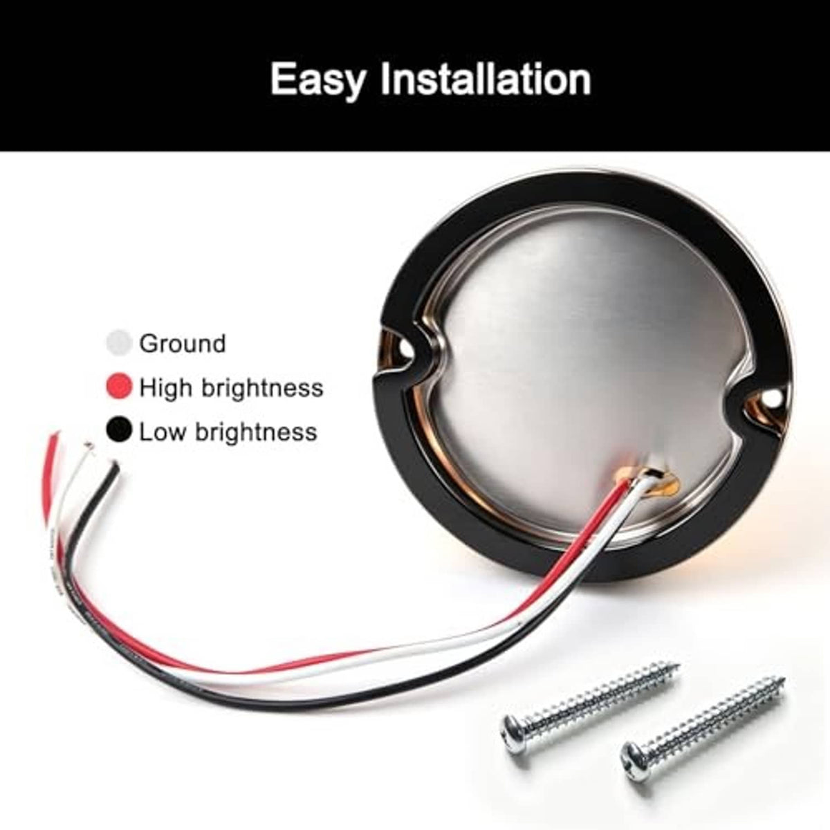 Amber LED marker light housing with wiring leads and mounting screws