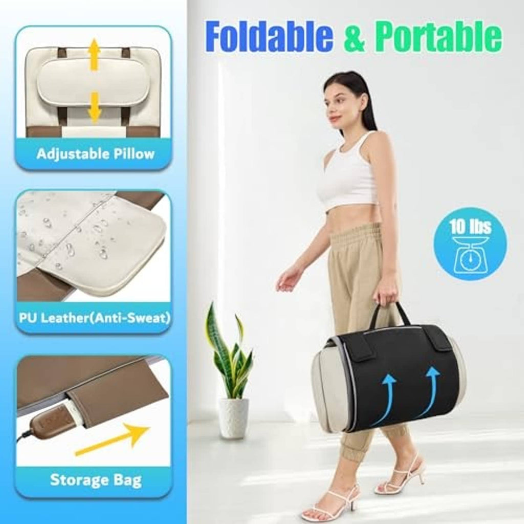 Foldable massage mat with adjustable neck pillow and storage bag, cream and brown