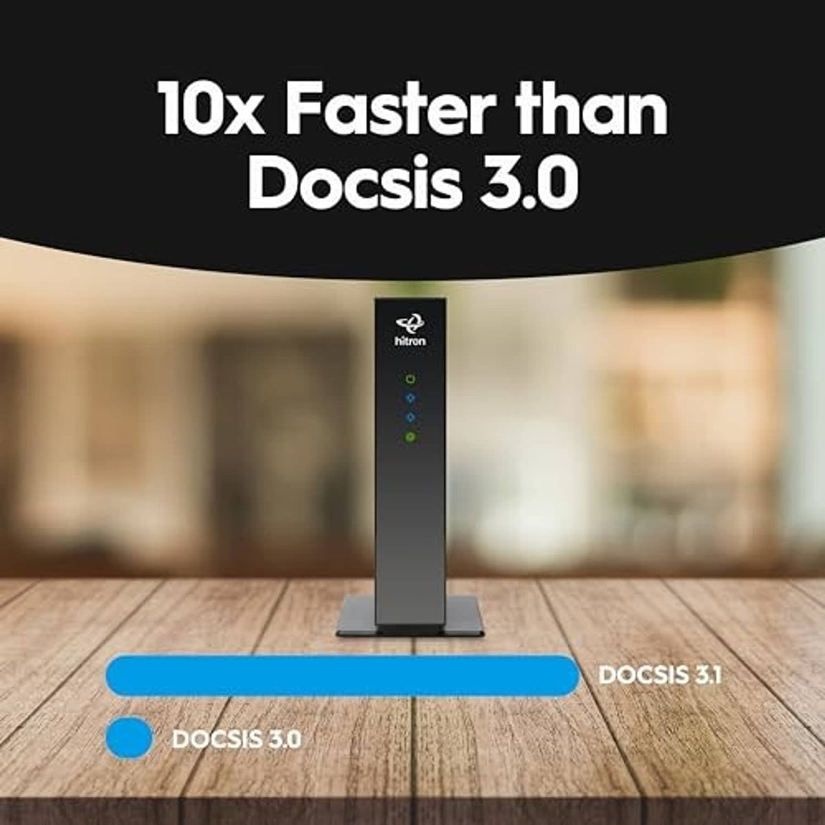 Black cable modem tower standing on base with status LEDs