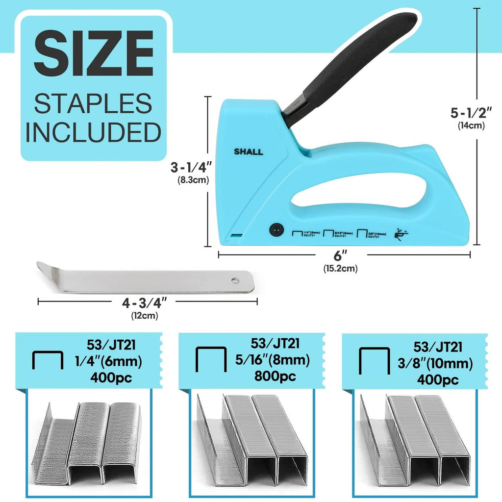 Light blue staple gun with black handle and included 400 staples