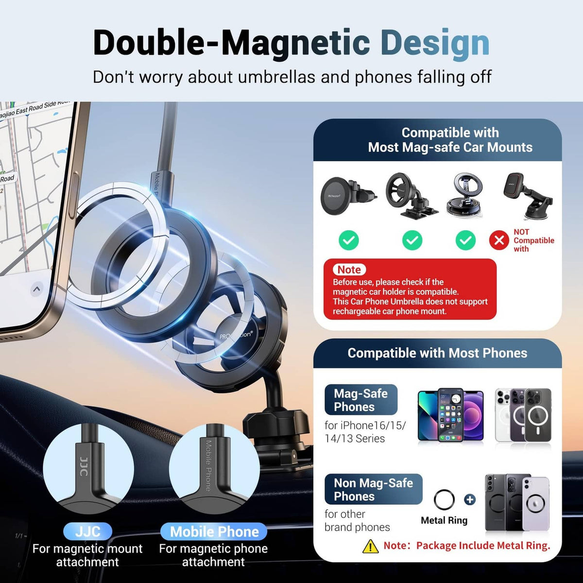 Dual magnetic phone mount with two circular magnets for secure umbrella attachment.