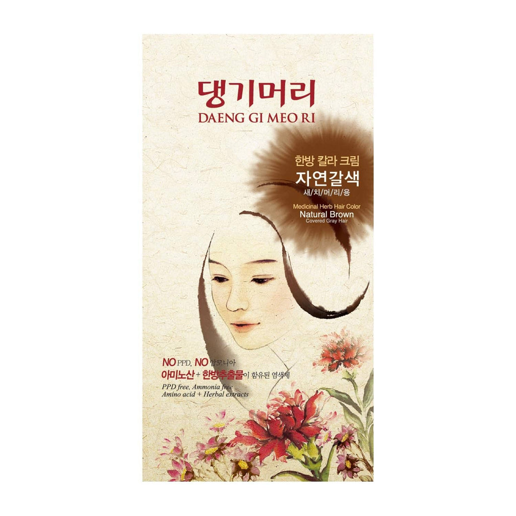 Daeng Gi Meo Ri Korean herbal hair dye box, Natural Brown, with hair-strand illustration