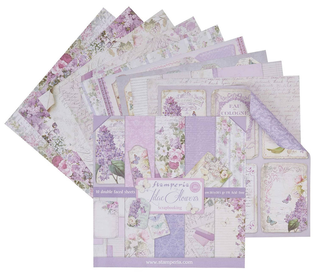 Lilac double-sided paper craft sheets pack, floral and script collage designs.