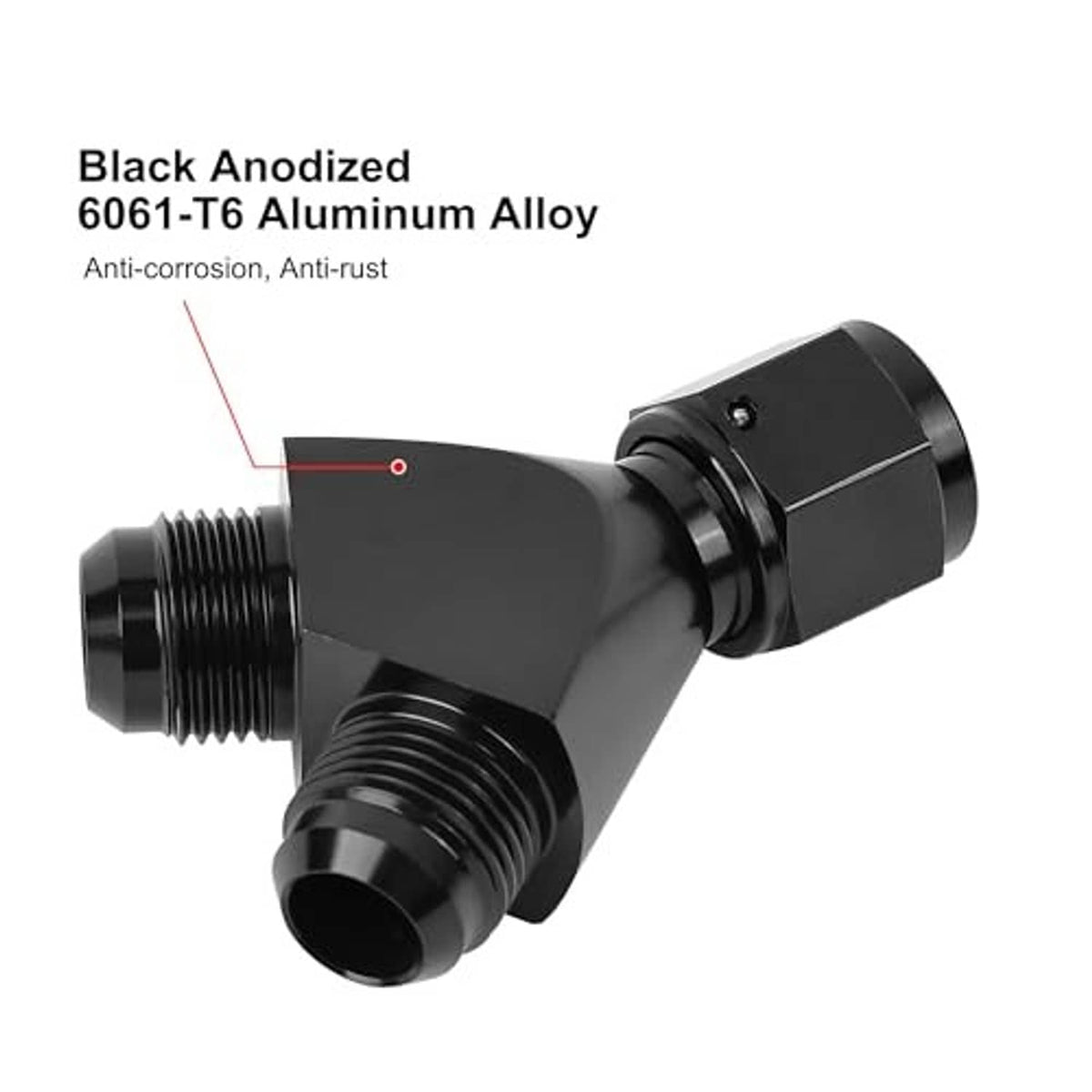 Black anodized 6061-T6 aluminum AN flare Y-splitter with three threaded ports