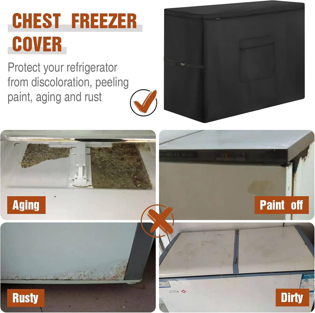 Black chest freezer cover with front zip and side strap, designed for protection.