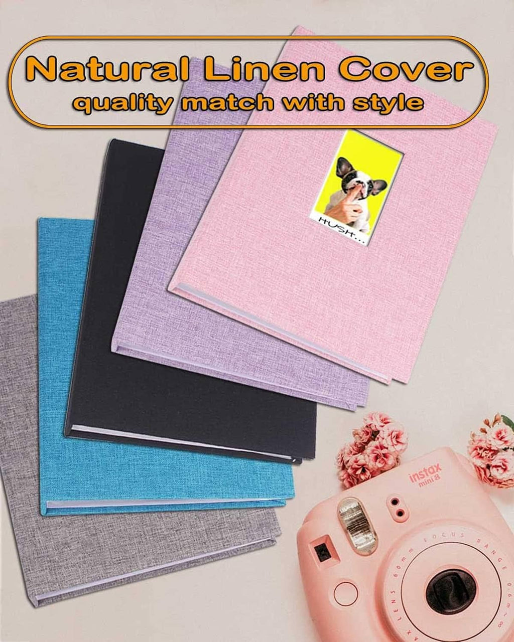 Mini photo album linen cover set in black, blue, gray, and pink; photo card shown