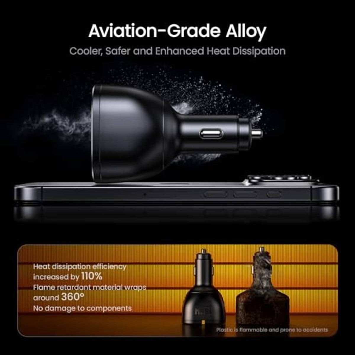 Black car charger adapter with metal body, USB-C port, and side profile view.