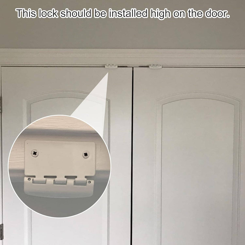 White flip action door lock installed high on a door, showing latch mechanism