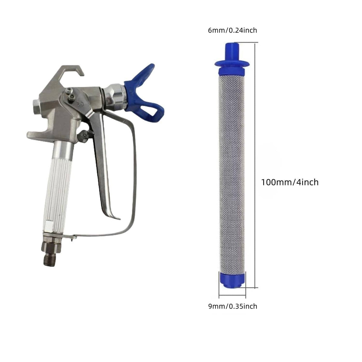 Airless spray gun filter cartridge with silver mesh screen and blue end caps, black threaded base