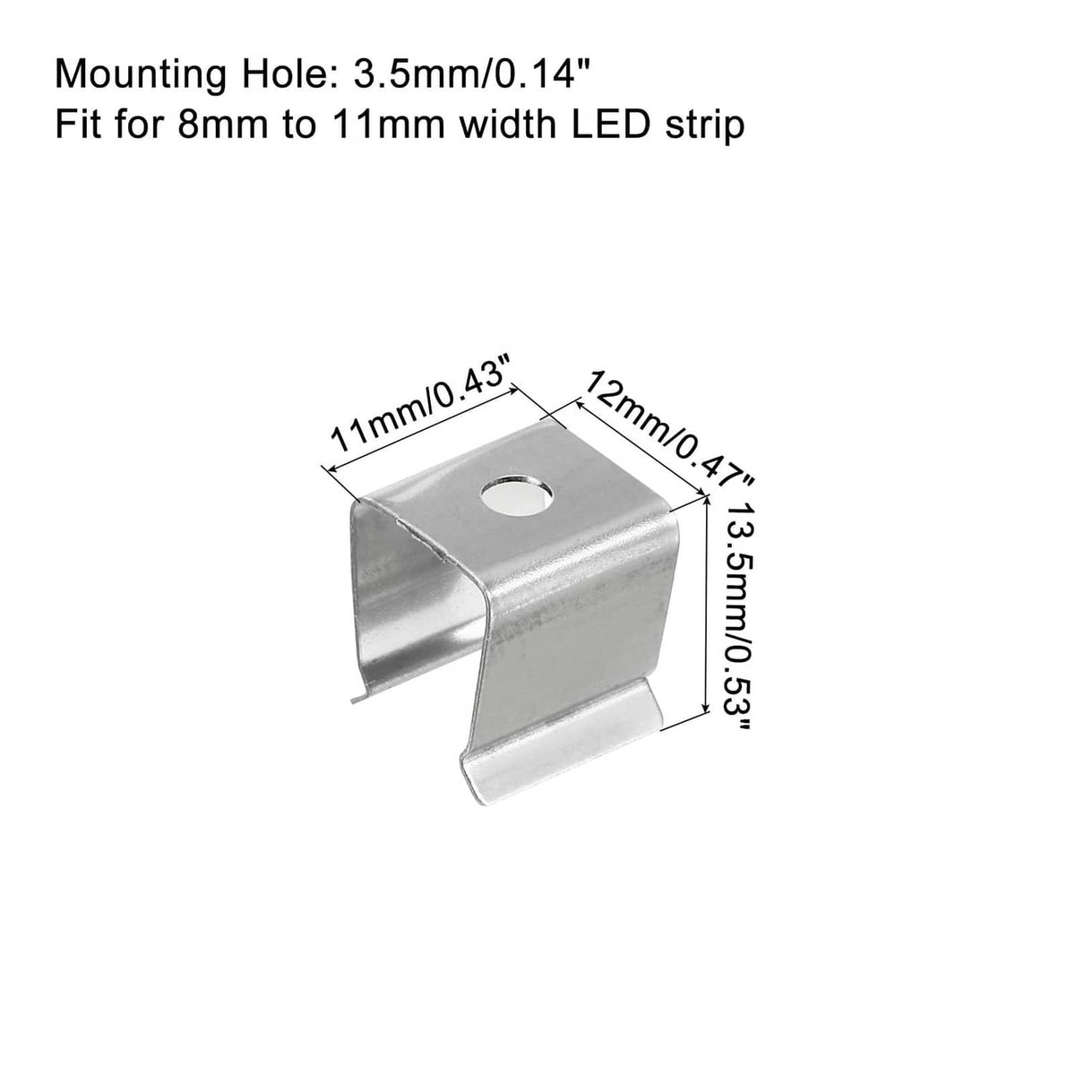 Silver rope light mounting clip with 3.5mm mounting hole and size dimensions
