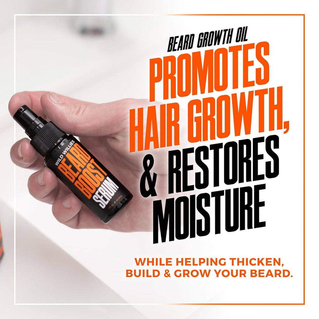 Beard boost serum in dark pump bottle held in hand, orange label reading Beard Boost