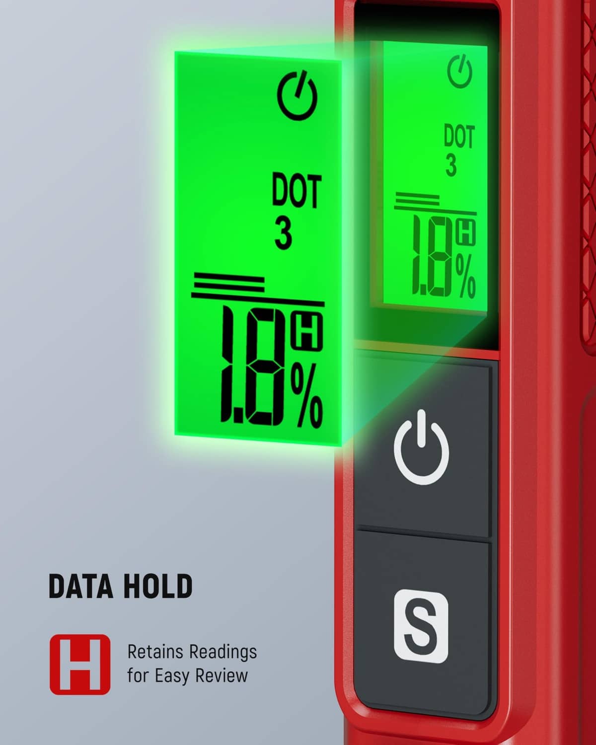 Brake fluid tester LCD close-up showing DOT 3 and moisture percentage