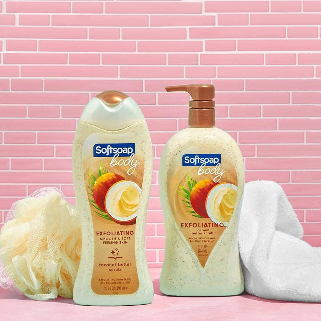 Softsoap body exfoliating coconut butter scrub bottle with pump and matching bottle