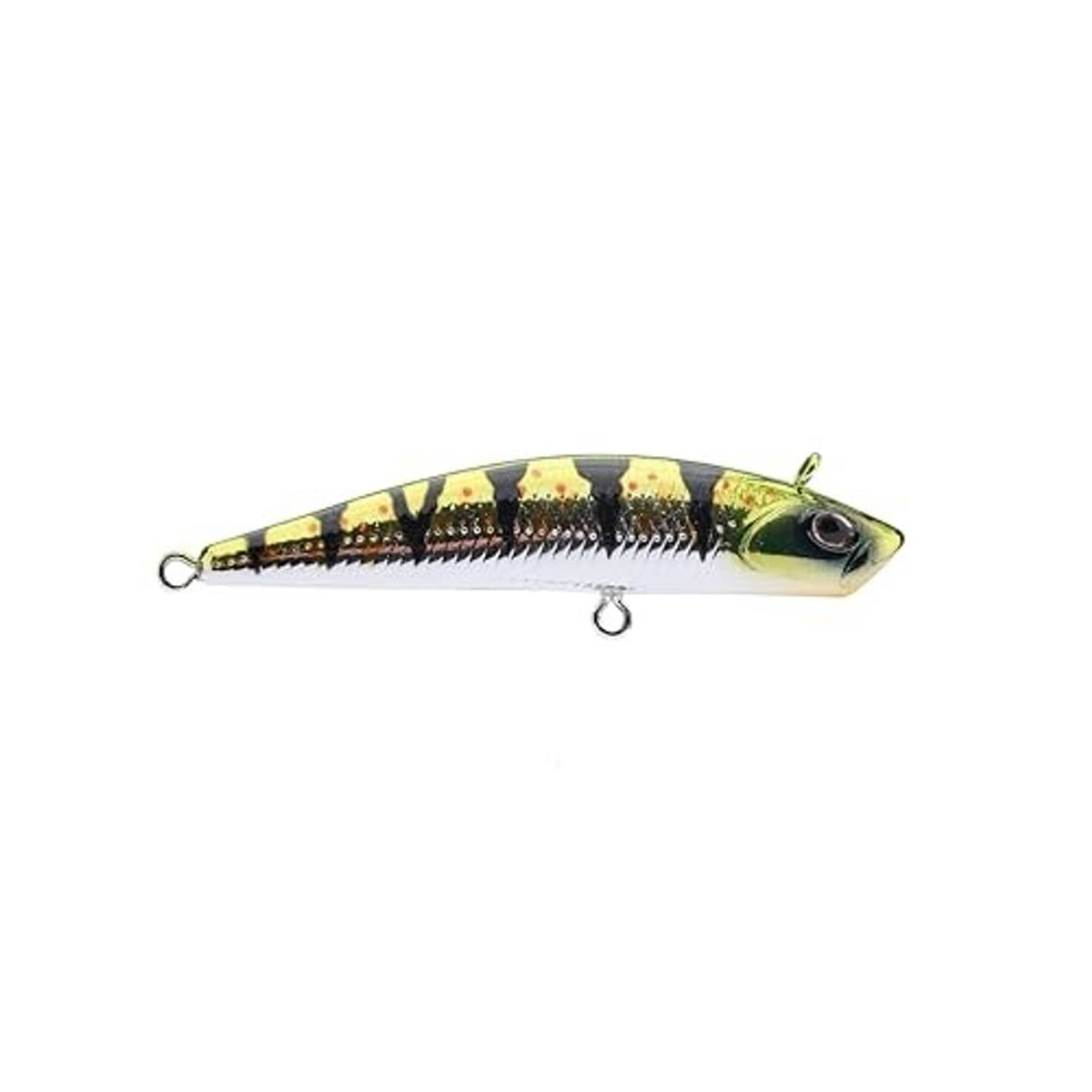 Yellow-green and black speckled minnow lure with eye detail and treble hook