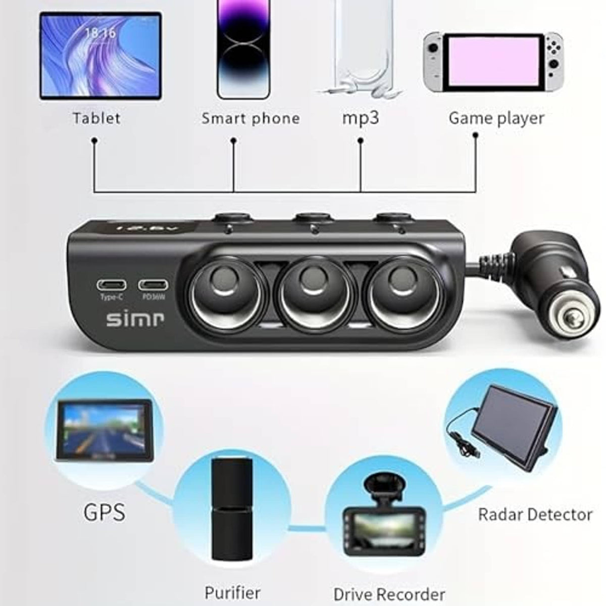 Black multi-port car charger splitter with ring buttons and lighter plug