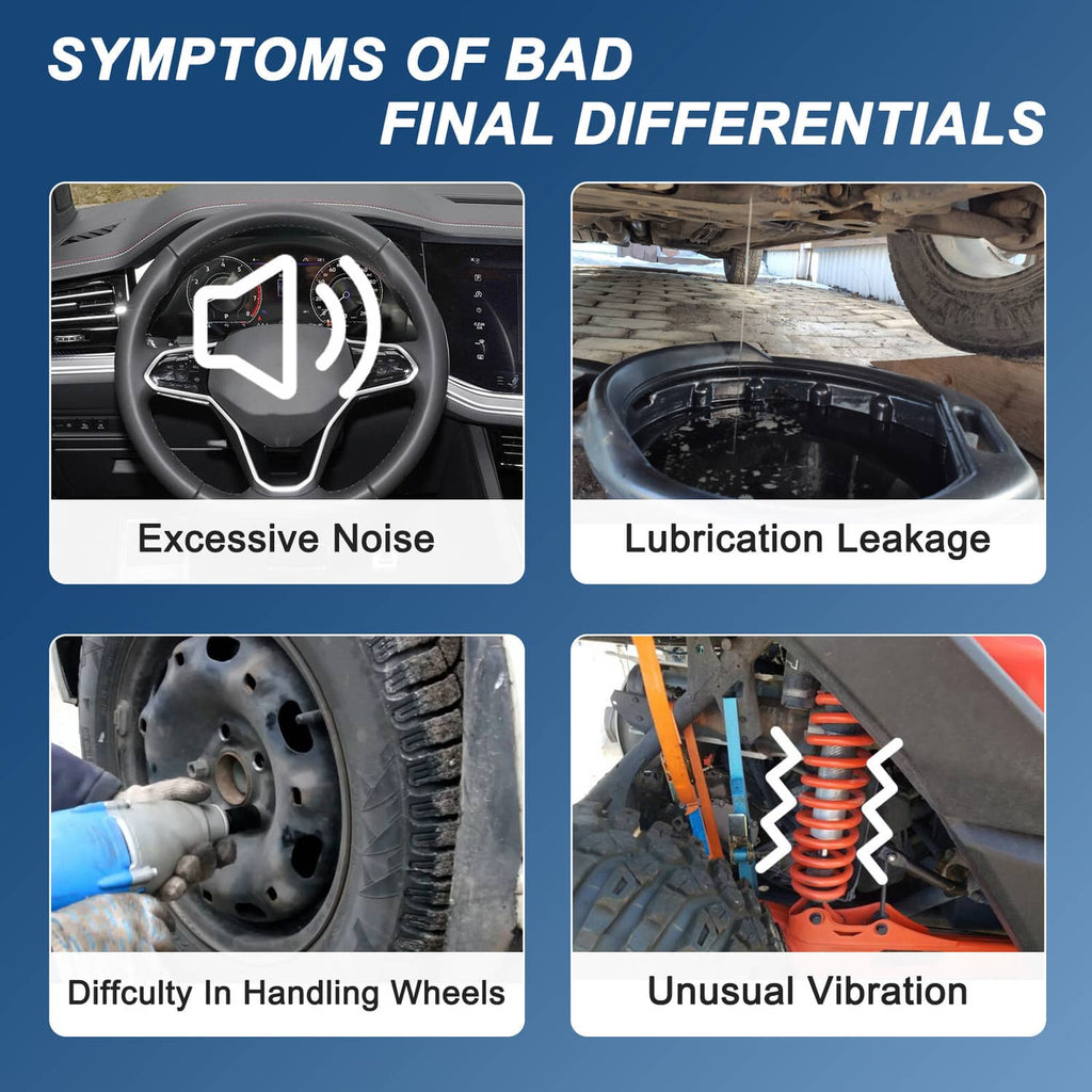Infographic showing symptoms of bad final differentials: noise and leaks