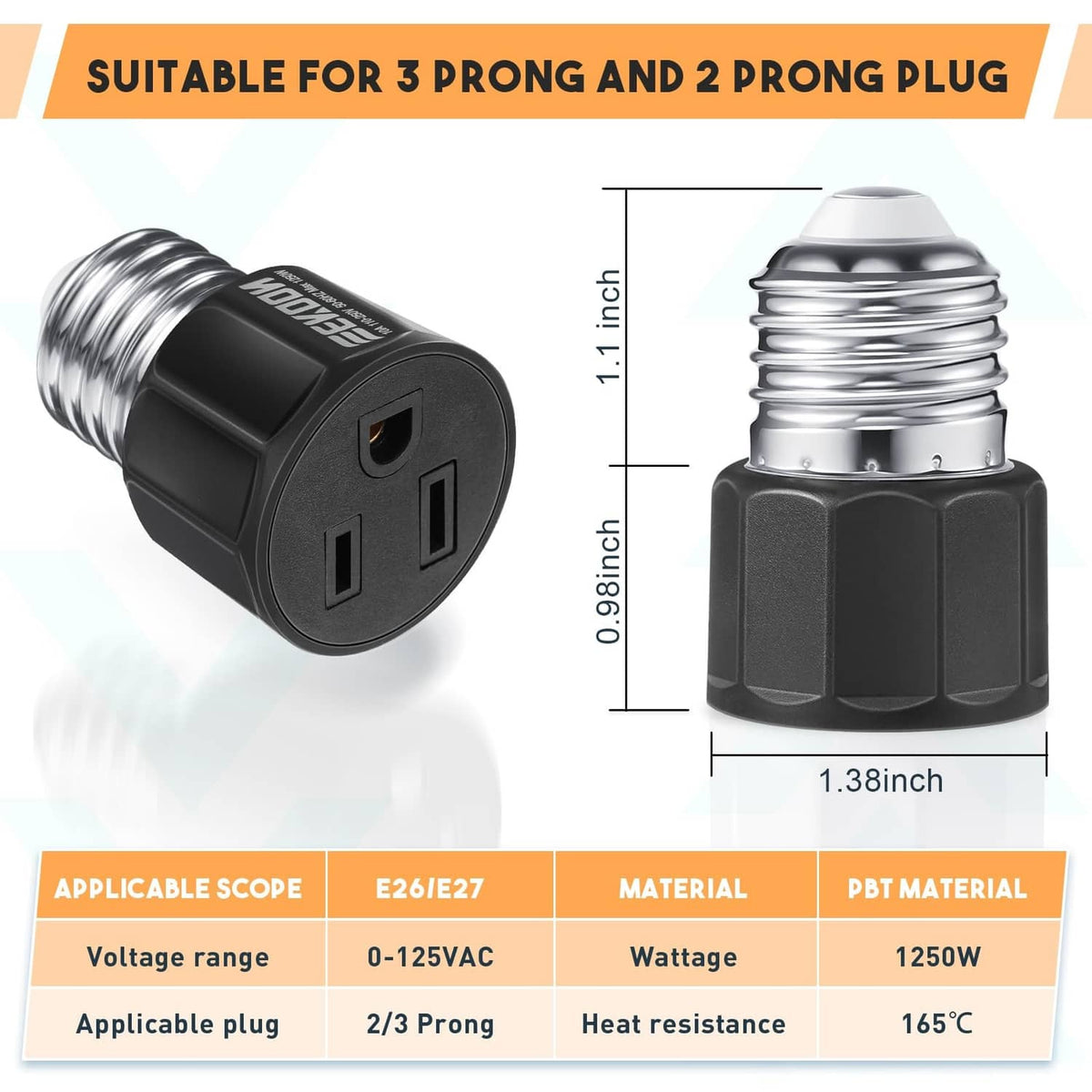 Light socket adapter with black 3-prong socket and silver ribbed E26/E27 base