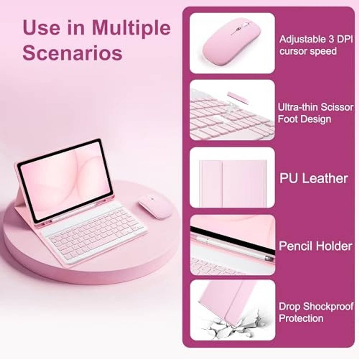 Pink tablet keyboard case set with mouse and labeled feature panel