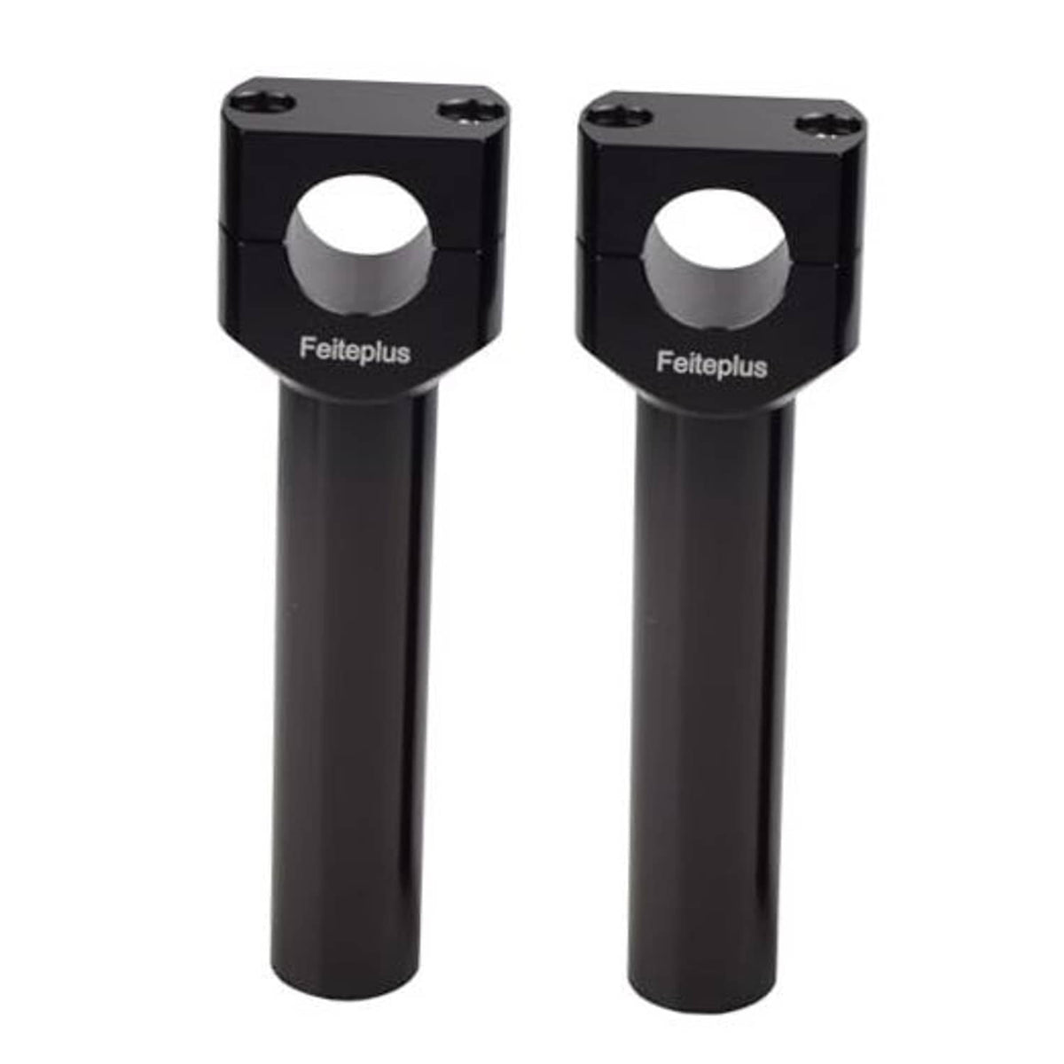 Pair of black handlebar riser clamps with center mounting holes and bolts
