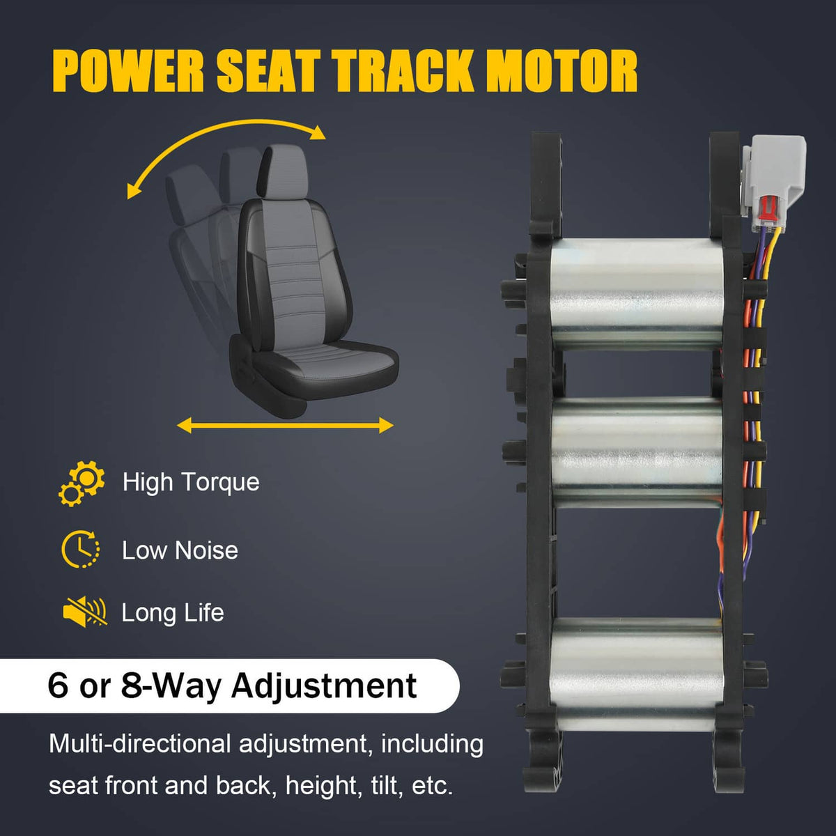 Power seat track motor (no memory) with silver rods, black bracket, and wiring