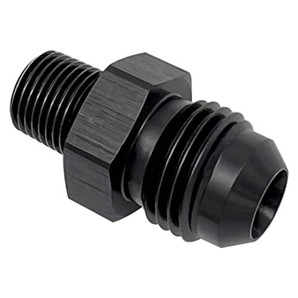 Black union adapter fitting with external 10AN and 3/8 in NPT male threads, hex body