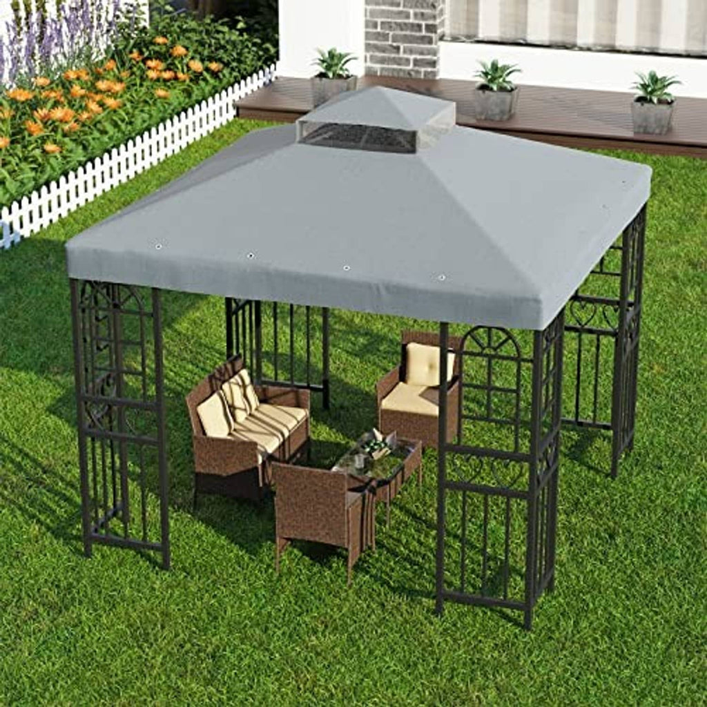 Gray double-tier replacement canopy top cover over gazebo, with stitched fabric seams