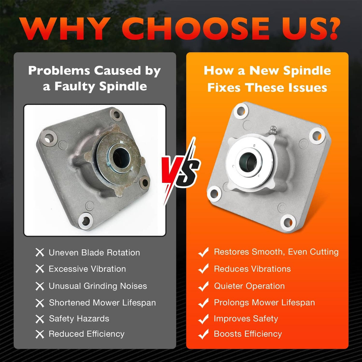 Spindle assembly comparison showing damaged spindle housing vs new spindle housing