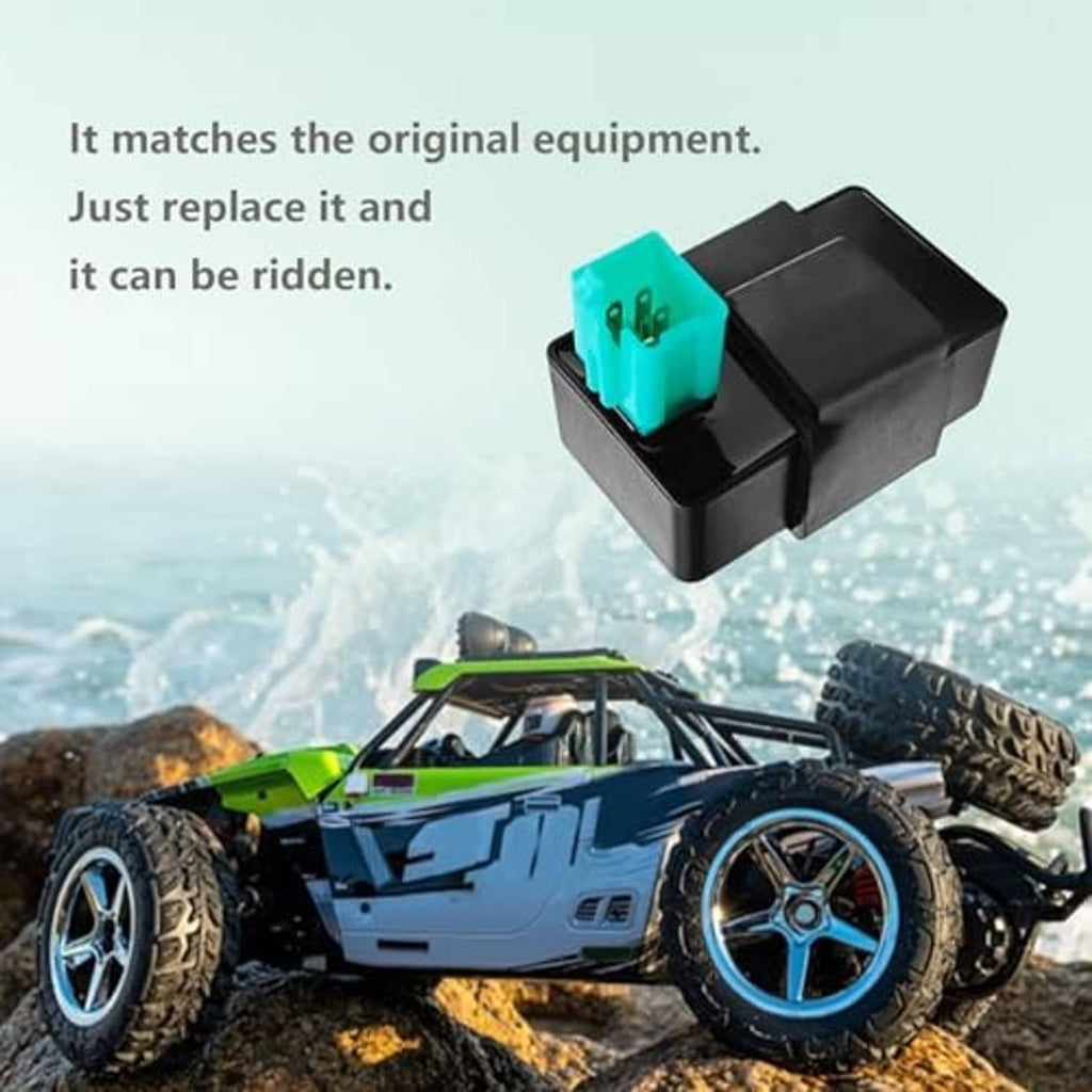 AC CDI ignition control box on vehicle, black housing with teal connector