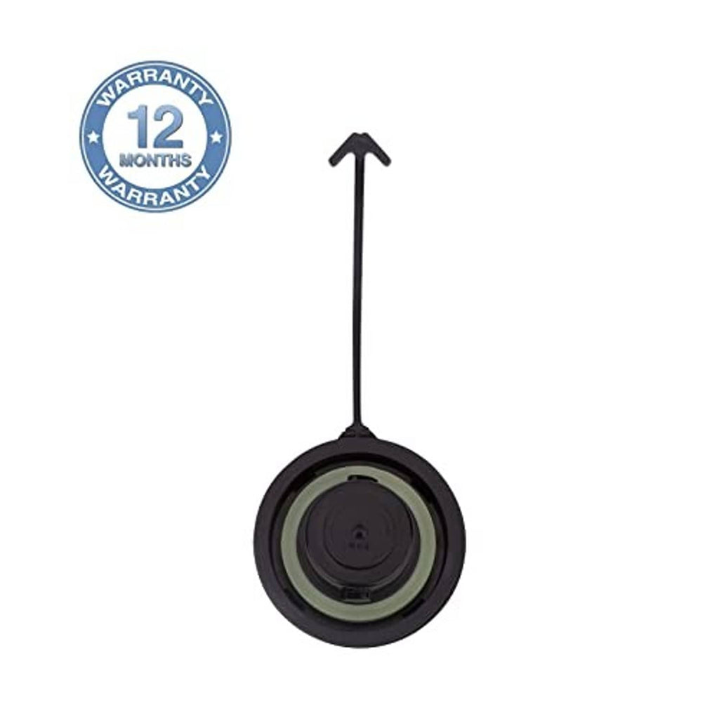 Black fuel tank filler cap with tall tether handle and green sealing ring