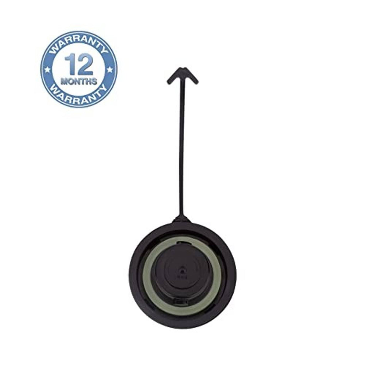 Black fuel tank filler cap with tall tether handle and green sealing ring