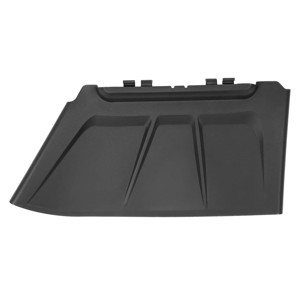 Black discharge chute top view with textured channels and recessed center panel.
