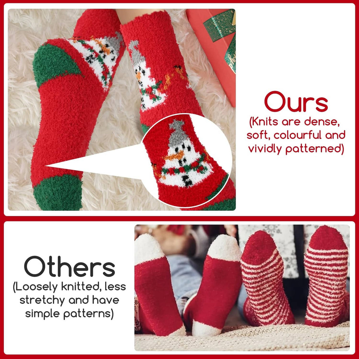 Colorful Christmas socks in red, green, and white featuring patterned knit and contrasting cuffs