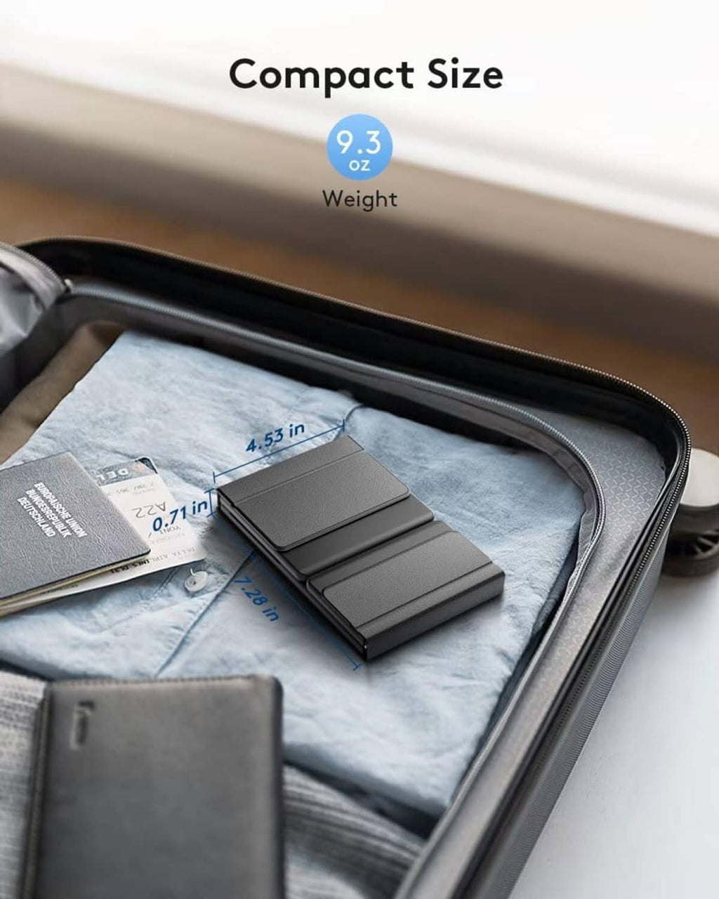 Foldable black Bluetooth keyboard stored in a zip pouch, slim folded keyboard