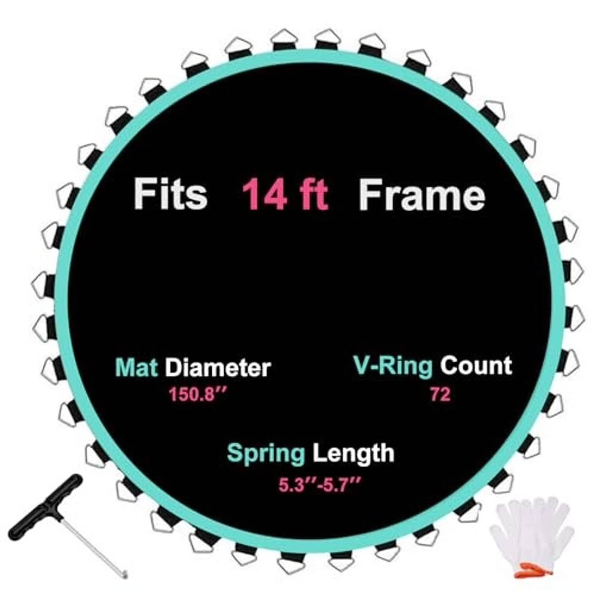 Circular trampoline replacement mat, black center, teal edge, with spring hook clips around