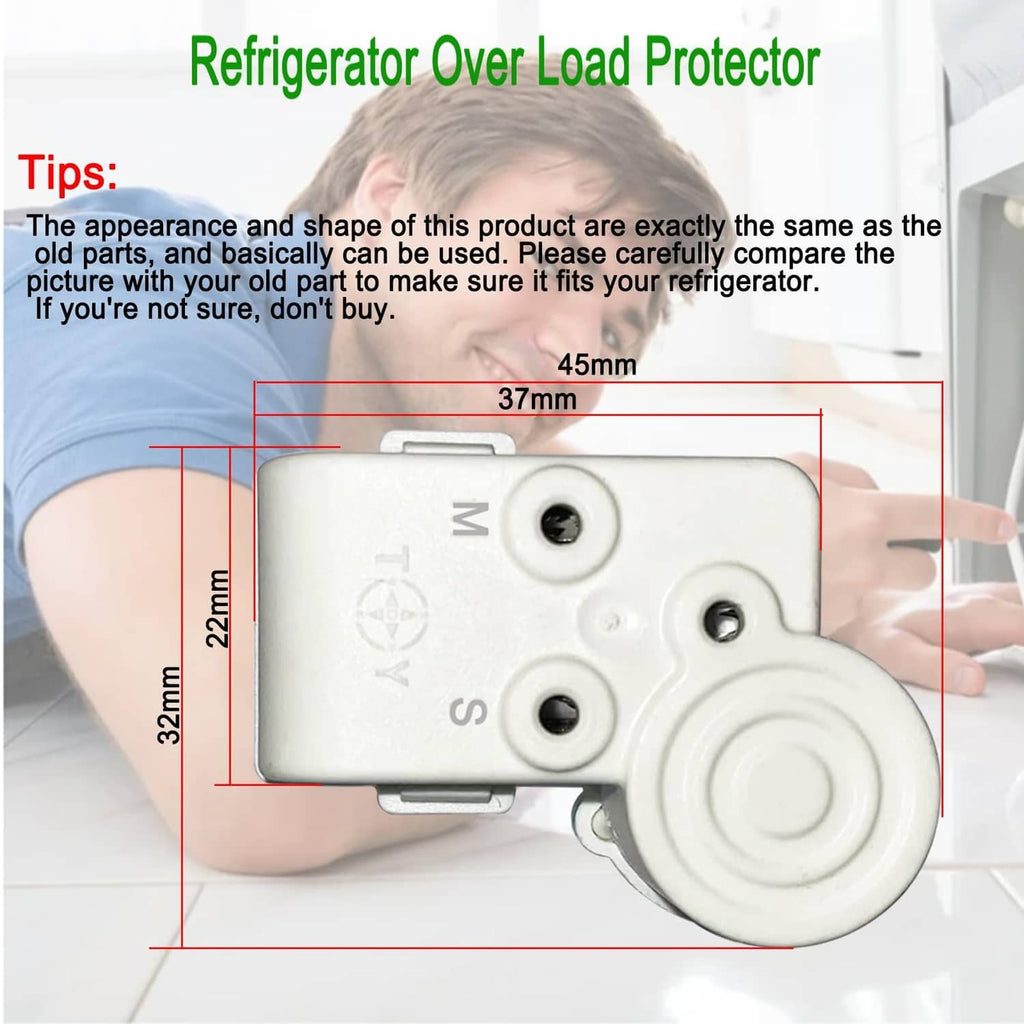 Refrigerator over load protector relay, white housing with mounting pins and round cover