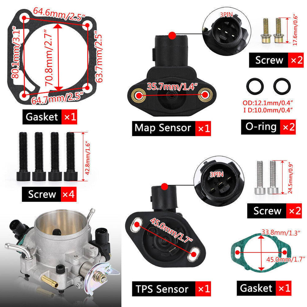 Throttle body included parts diagram: TPS sensor, MAP sensor, screws, gasket, O-rings