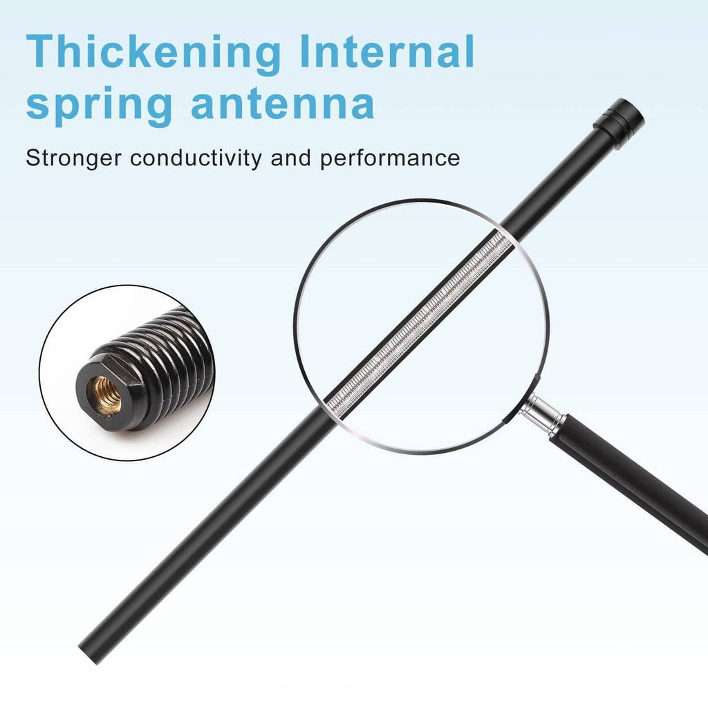 Thickened internal spring antenna tip on black antenna rod