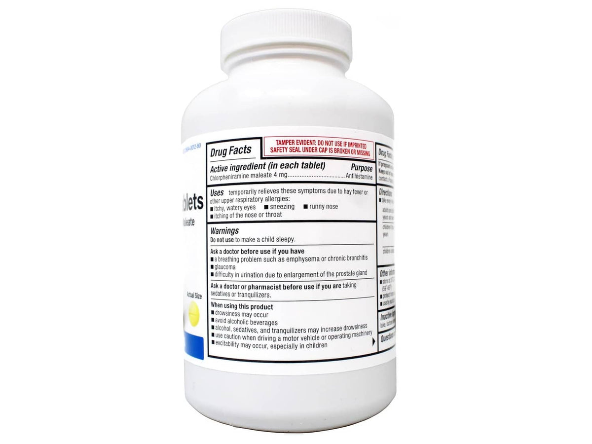 Major allergy tablets bottle back label with Drug Facts and directions