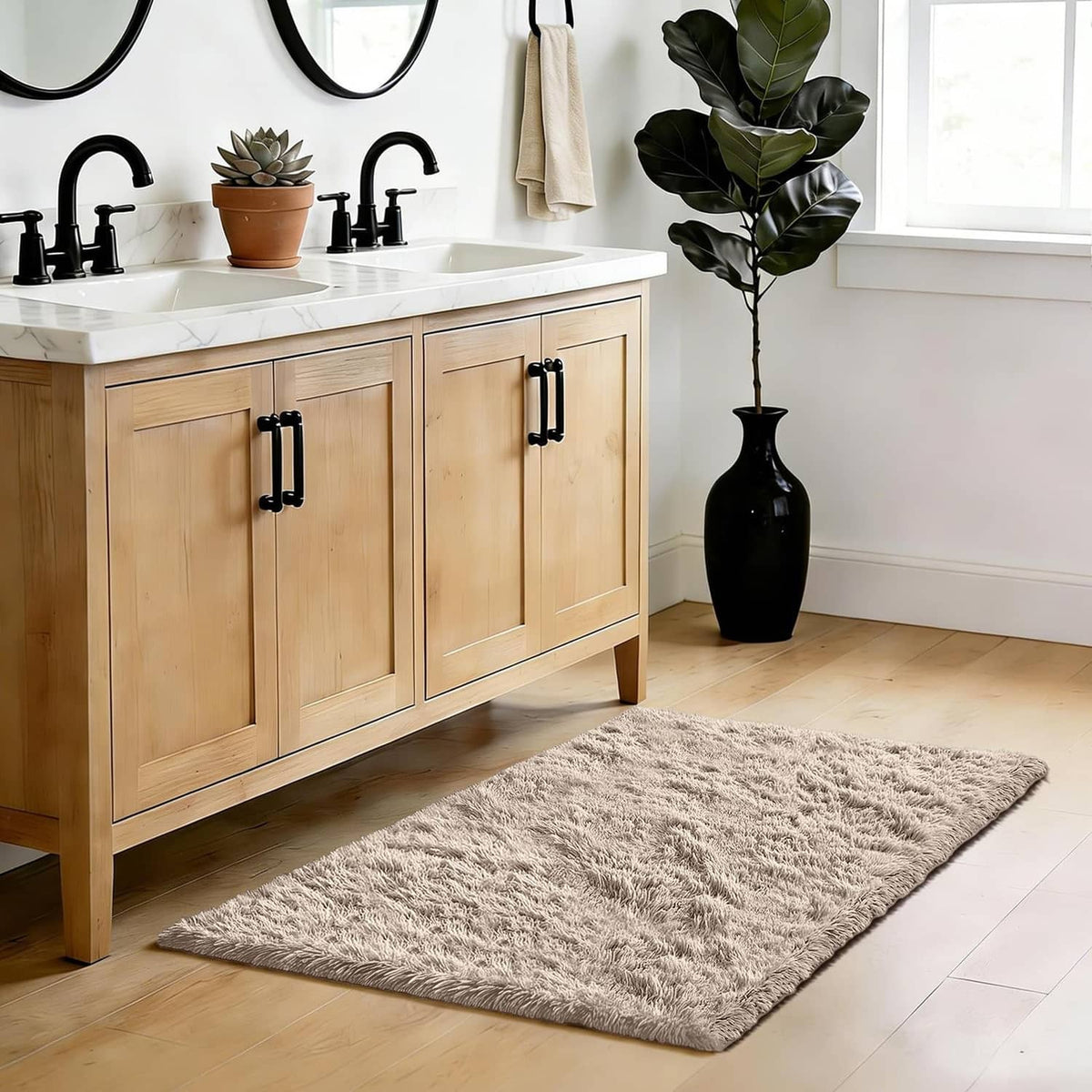 Beige shag area rug with long plush fibers and low profile for living room floors