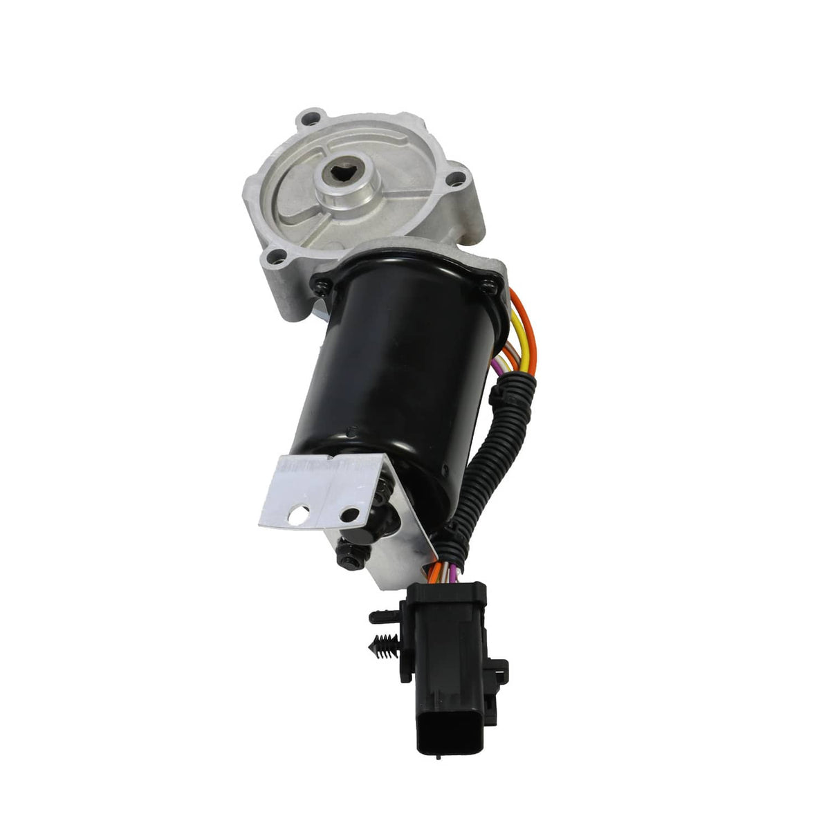 Transfer case shift motor with silver housing, black cylinder, and cable connector