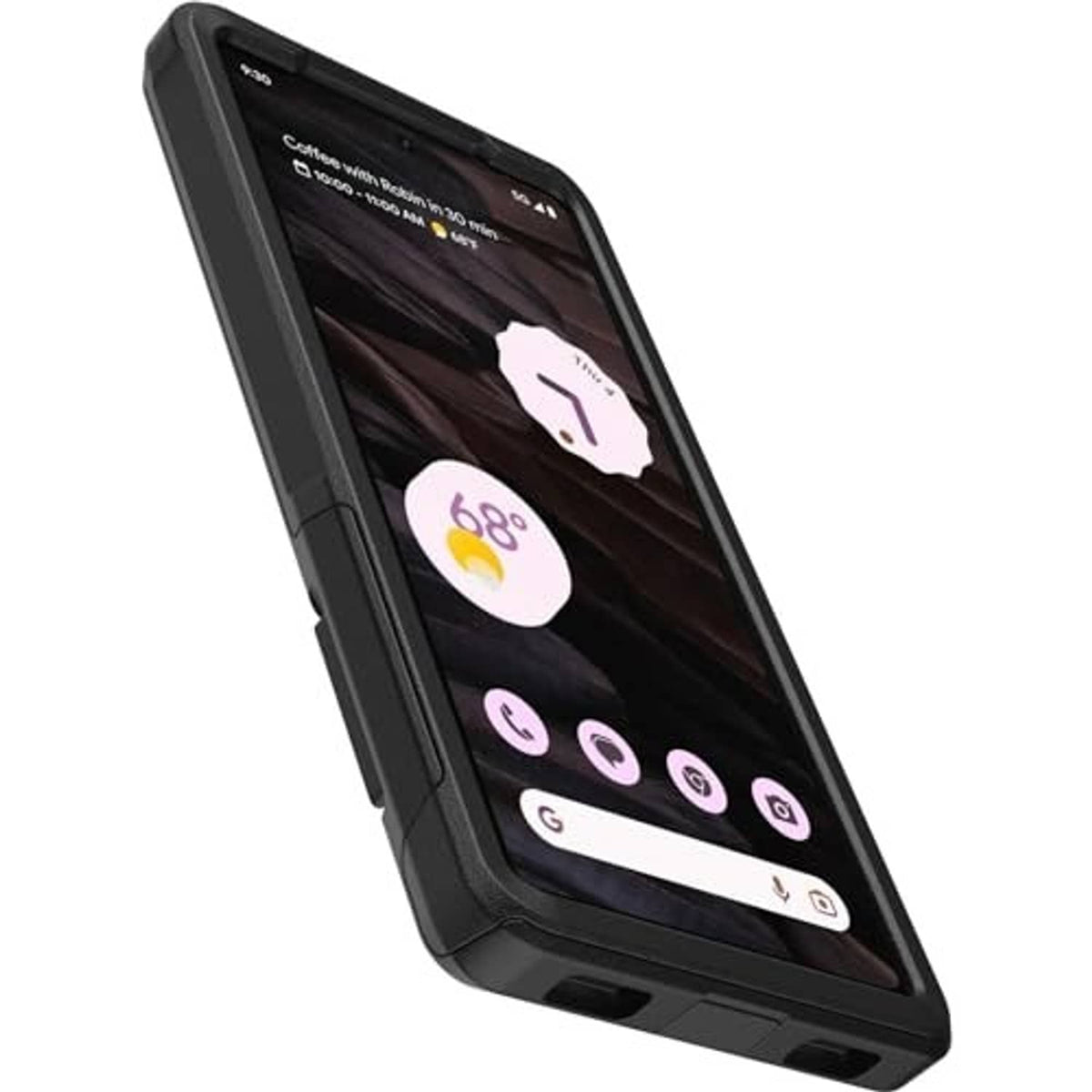 Black rugged phone case angled view showing thick edges and front screen bezel