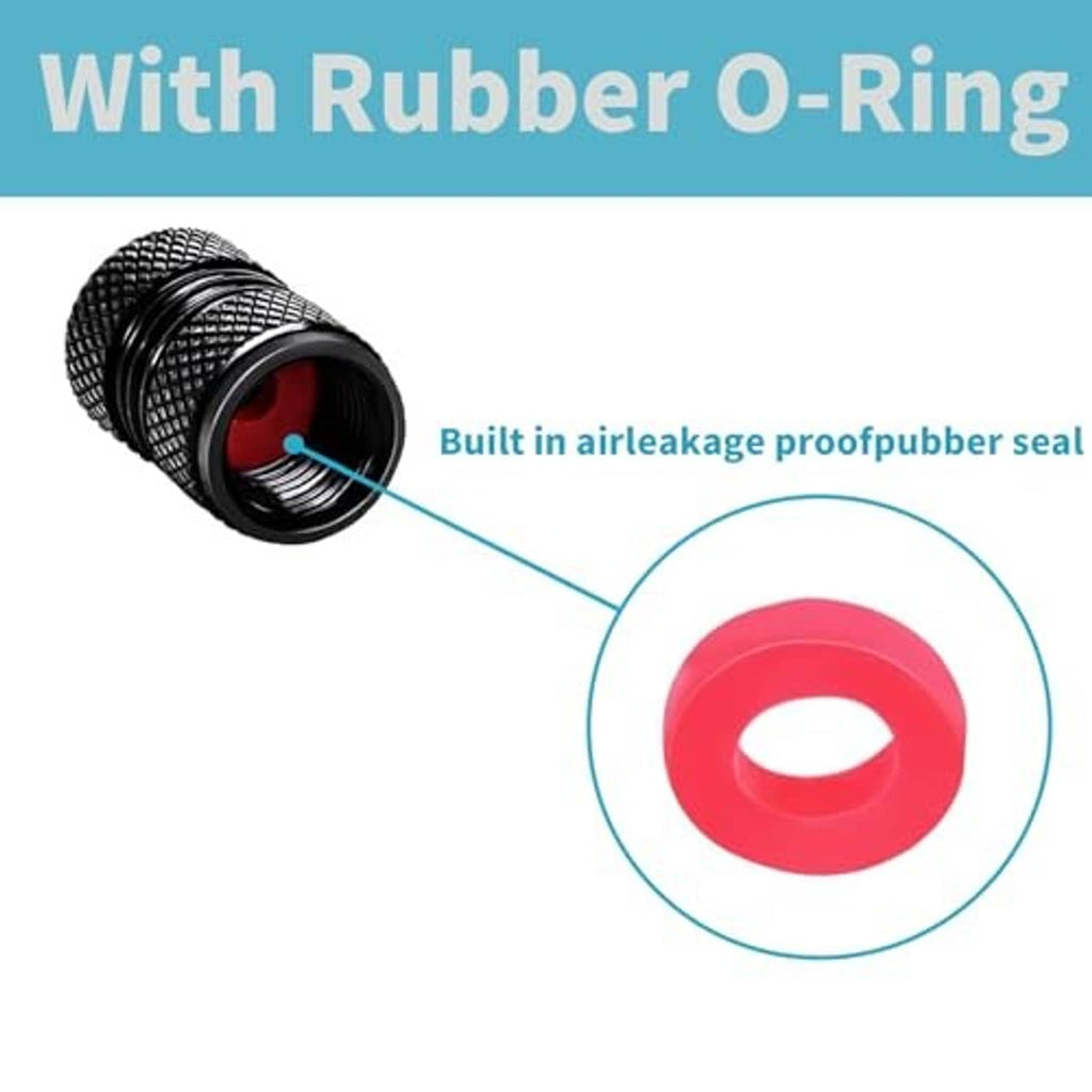 Black metal valve stem cap with knurled texture and visible rubber O-ring seal